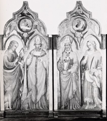 Anonimo — Maestro del 1399 (Giovanni di Tano Fei) - sec. XIV/ XV - San Luca Evangelista, santo re, san Zanobi e san Sebastiano — insieme